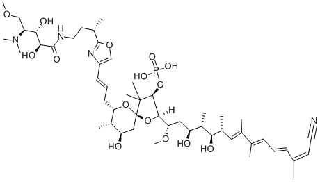 structure of CAS# 101932-71-2, Calyculin A;[(2R,3R,5S,7R,8R,9S)-2-[(1S,3S,4R,5R,6R,7E,9E,11E,13Z)-14-Cyano-3,5-Dihydroxy-1-Methoxy-4,6,8,9,13-Pentamethyl-Tetradeca-7,9,11,13-Tetraenyl]-7-[(E)-3-[2-[(1S)-3-[[(2S,3S,4S)-4-Dimethylamino-2,3-Dihydroxy-5-Methoxy-Pentanoyl]Amino]-1-Methyl-Propyl]Oxazol-4-Yl]Prop-2-Enyl]-9-Hydroxy-4,4,8-Trimethyl-1,6-Dioxaspiro[4.5]Decan-3-Yl] Dihydrogen Phosphate;[(2R,3R,5S,7R,8R,9S)-2-[(1S,3S,4R,5R,6R,7E,9E,11E,13Z)-14-Cyano-3,5-Dihydroxy-1-Methoxy-4,6,8,9,13-Pentamethyltetradeca-7,9,11,13-Tetraenyl]-7-[(E)-3-[2-[(1S)-3-[[(2S,3S,4S)-4-Dimethylamino-2,3-Dihydroxy-5-Methoxy-1-Oxopentyl]Amino]-1-Methylpropyl]-4-Oxazolyl]Prop-2-Enyl]-9-Hydroxy-4,4,8-Trimethyl-1,6-Dioxaspiro[4.5]Decan-3-Yl] Dihydrogen Phosphate;[(2R,3R,5S,7R,8R,9S)-2-[(1S,3S,4R,5R,6R,7E,9E,11E,13Z)-14-Cyano-3,5-Dihydroxy-1-Methoxy-4,6,8,9,13-Pentamethyl-Tetradeca-7,9,11,13-Tetraenyl]-7-[(E)-3-[2-[(2S)-4-[[(2S,3S,4S)-4-Dimethylamino-2,3-Dihydroxy-5-Methoxy-Pentanoyl]Amino]Butan-2-Yl]-1,3-Oxazol-4-Yl]Prop-2-Enyl]-9-Hydroxy-4,4,8-Trimethyl-1,6-Dioxaspiro[4.5]Decan-3-Yl] Dihydrogen Phosphate
