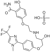 结构式 CAS# 105737-62-0, (±)-2-羟基-5-[2-[[2-羟基-3-[4-[1-甲基-4-(三氟甲基)-1H-咪唑-2-基]苯氧基]丙基]氨基]乙氧基]-苯甲酰胺甲烷磺酸盐