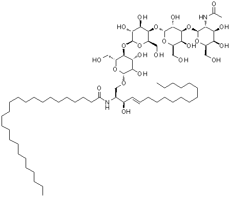 structure of CAS# 11034-93-8, N-[(2S,3R,4E)-1-{[2-Acetamido-2-deoxy-beta-D-galactopyranosyl-(1->3)-alpha-D-galactopyranosyl-(1->4)-beta-D-galactopyranosyl-(1->4)-beta-D-mannopyranosyl]oxy}-3-hydroxy-4-octadecen-2-yl]pentacosanamide;Tetrahexosylceramide(j)