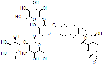 CAS#: 112766-96-8， 3beta-O-(alpha-L-Rhamnopyranosyl-(1-2)-O-beta-D-Glucopyranosyl-(1-4)-(O-beta-D-Glucopyranosyl-(1-2))-alpha-L-Arabinopyranosyl)-16alpha-Hydroxy-13beta,28-Epoxyolean-30-Al