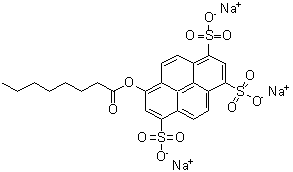 structure of CAS# 115787-84-3, Trisodium 8-(Octanoyloxy)-1,3,6-Pyrenetrisulfonate;8-Octanoyloxypyrene-1,3,6-trisulfonic acid trisodium salt;8-OCTANOYLOXYPYRENE-1,3,6-TRISULFONICACIDTRISODIUMSALT;Trisodium 8-octanoyloxypyrene-1,3,6-trisulfonate