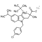 structure of CAS# 118427-55-7, Sodium 3-{1-(4-Chlorobenzyl)-5-Isopropyl-3-[(2-Methyl-2-Propanyl)Sulfanyl]-1H-Indol-2-Yl}-2,2-Dimethylpropanoate;"1-[<wbr>(4-chloro<wbr>phenyl)me<wbr>thyl]-3-[<wbr>(1,1-dime<wbr>thylethyl<wbr>)thio]-α,<wbr>α-dimethy<wbr>l-5-(1-me<wbr>thylethyl<wbr>)-1H-indo<wbr>le-2-prop<wbr>anoic aci<wbr>d, sodium<wbr> salt&quo<wbr>t;1-[(4-chl<wbr>orophenyl<wbr>)methyl]-<wbr>3-[(1,1-d<wbr>imethylet<wbr>hyl)thio]<wbr>-α,α-dime<wbr>thyl-5-(1<wbr>-methylet<wbr>hyl)-1H-i<wbr>ndole-2-p<wbr>ropanoic <wbr>acid, sod<wbr>ium salt;3-[3-tert<wbr>-butylsul<wbr>fanyl-1-(<wbr>4-chloro-<wbr>benzyl)-5<wbr>-isopropy<wbr>l-1H-indo<wbr>l-2-yl]-2<wbr>,2-dimeth<wbr>yl-propio<wbr>nate