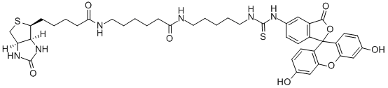 structure of CAS# 134759-22-1, (3aS,4S,6aR)-N-[6-[[5-[[[(3',6'-Dihydroxy-3-Oxospiro[Isobenzofuran-1(3H),9'-[9H]Xanthen]-5-Yl)Amino]Thioxomethyl]Amino]Pentyl]Amino]-6-Oxohexyl]Hexahydro-2-Oxo-1H-Thieno[3,4-d]Imidazole-4-Pentanamide;5(6)-(BIOTINAMIDOCAPROYLAMIDO) PENTYLTHIOUREEIDYFLUORESCEIN;5(6)-(Biotinamidocaproylamido)*Pentylthioureeidyf;5(6)-(BIOTINAMIDOCAPROYLAMIDO) PENTYLTHI