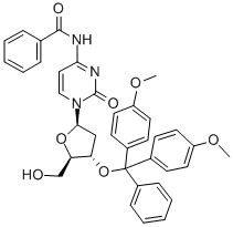 structure of CAS# 140712-80-7, N-Benzoyl-3'-O-[Bis(4-Methoxyphenyl)Phenylmethyl]-2'-Deoxy-Cytidine;N-Benzoyl-3'-O-(4,4'-Dimethoxytrityl)-2'-Deoxycytidine, 97%;N4-BENZOYL-3'-O-(4,4'-DIMETHOXYTRITYL)-2'-DEOXYCYTIDINE;N4-Benzoyl-2'-Deoxy-3'-O-DMT-Cytidine