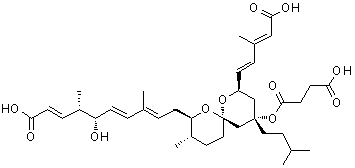 structure of CAS# 144860-69-5, (2E,4S,5S,6E,8E)-5-Hydroxy-10-[(3S,4R,6R,8S,10R)-10-[(1E,3E)-5-Hydroxy-3-Methyl-5-Oxo-Penta-1,3-Dienyl]-8-(4-Hydroxy-4-Oxo-Butanoyl)Oxy-8-Isopentyl-3-Methyl-5,11-Dioxaspiro[5.5]Undecan-4-Yl]-4,8-Dimethyl-Deca-2,6,8-Trienoic Acid;Reveromycin C