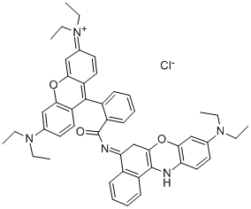 structure of CAS# 14969-56-3, Rhodanile Blue;[6-Diethylamino-9-[2-[(9-Diethylaminobenzo[A]Phenoxazin-5-Ylidene)Carbamoyl]Phenyl]Xanthen-3-Ylidene]-Diethyl-Ammonium Chloride;[6-Diethylamino-9-[2-[[(9-Diethylamino-5-Benzo[A]Phenoxazinylidene)Amino]-Oxomethyl]Phenyl]-3-Xanthenylidene]-Diethylammonium Chloride;[6-Diethylamino-9-[2-[(9-Diethylaminobenzo[A]Phenoxazin-5-Ylidene)Carbamoyl]Phenyl]Xanthen-3-Ylidene]-Diethyl-Azanium Chloride