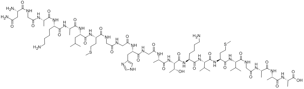 structure of CAS# 150469-23-1, L-Asparaginylglycyl-L-Alanyl-L-Lysyl-L-Alanyl-L-Leucyl-L-Methionylglycylglycyl-L-Histidylglycyl-L-Alanyl-L-Threonyl-L-Lysyl-L-Valyl-L-Methionyl-L-Valylglycyl-L-Alanyl-L-Alanyl-L-Alanine;H-ASN-GLY-ALA-LYS-ALA-LEU-MET-GLY-GLY-HIS-GLY-ALA-THR-LYS-VAL-MET-VAL-GLY-ALA-ALA-ALA-OH;ASN-GLY-ALA-LYS-ALA-LEU-MET-GLY-GLY-HIS-GLY-ALA-THR-LYS-VAL-MET-VAL-GLY-ALA-ALA-ALA;PRION PROTEIN FRAGMENT 106-126 SCRAMBLED HUMAN