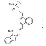 structure of CAS# 157199-63-8, 4-[(1E,3E)-3-(3-Methyl-1,3-Benzothiazol-2(3H)-Ylidene)-1-Propen-1-Yl]-1-[3-(Trimethylammonio)Propyl]Quinolinium Diiodide;3-methyl-<wbr>2-(3-{1-[<wbr>3-(trimet<wbr>hylammoni<wbr>o)propyl]<wbr>quinolin-<wbr>4(1H)-yli<wbr>dene}prop<wbr>-1-en-1-y<wbr>l)-1,3-be<wbr>nzothiazo<wbr>l-3-ium d<wbr>iiodide;3-methyl-<wbr>2-(3-{1-[<wbr>3-(trimet<wbr>hylammoni<wbr>o)propyl]<wbr>quinolin-<wbr>4(1H)-yli<wbr>dene}prop<wbr>-1-en-1-y<wbr>l)-1,3-be<wbr>nzothiazo<wbr>l-3-ium d<wbr>iiodide; <wbr>4-[3-(3-m<wbr>ethyl-1,3<wbr>-benzothi<wbr>azol-2(3H<wbr>)-ylidene<wbr>)prop-1-e<wbr>n-1-yl]-1<wbr>-[3-(trim<wbr>ethylammo<wbr>ni;3-methyl-<wbr>2-(3-{1-[<wbr>3-(trimet<wbr>hylammoni<wbr>o)propyl]<wbr>quinolin-<wbr>4(1H)-yli<wbr>dene}prop<wbr>-1-en-1-y<wbr>l)-1,3-be<wbr>nzothiazo<wbr>l-3-ium d<wbr>iiodide; <wbr>4-[3-(3-m<wbr>ethyl-1,3<wbr>-benzothi<wbr>azol-2(3H<wbr>)-ylidene<wbr>)prop-1-e<wbr>n-1-yl]-1<wbr>-[3-(trim<wbr>ethylammo<wbr>nio)propy<wbr>l]quinoli<wbr>nium diio<wbr>dide