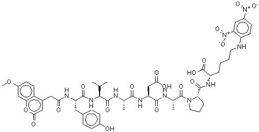 structure of CAS# 189696-01-3, (2S)-6-(2,4-Dinitroanilino)-2-[[(2S)-1-[(2S)-2-[[(2S)-4-Hydroxy-2-[[(2S)-2-[[(2S)-2-[[(2S)-3-(4-Hydroxyphenyl)-2-[[2-(7-Methoxy-2-Oxo-Chromen-4-Yl)Acetyl]Amino]Propanoyl]Amino]-3-Methyl-Butanoyl]Amino]Propanoyl]Amino]-4-Oxo-Butanoyl]Amino]Propanoyl]Pyrrolidine-2-Carbonyl]Amino]Hexanoic Acid;Caspase-1 Substrate (Mca)