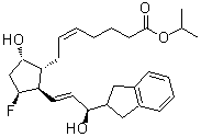 structure of CAS# 208114-93-6, Isopropyl (5Z)-7-{(1R,2R,3S,5S)-2-[(3R)-3-(2,3-Dihydro-1H-Inden-2-Yl)-3-Hydroxy-1-Propen-1-Yl]-3-Fluoro-5-Hydroxycyclopentyl}-5-Heptenoate;"9α,<wbr>15R-dihyd<wbr>roxy-11β-<wbr>fluoro-15<wbr>-(2,3-dih<wbr>ydro-1H-i<wbr>nden-2-yl<wbr>)-16,17,1<wbr>8,19,20-p<wbr>entanor-p<wbr>rosta-5Z,<wbr>13E-dien-<wbr>1-oic aci<wbr>d, isopro<wbr>pyl ester<wbr>"9α,15R-di<wbr>hydroxy-1<wbr>1β-fluoro<wbr>-15-(2,3-<wbr>dihydro-1<wbr>H-inden-2<wbr>-yl)-16,1<wbr>7,18,19,2<wbr>0-pentano<wbr>r-prosta-<wbr>5Z,13E-di<wbr>en-1-oic <wbr>acid, iso<wbr>propyl es<wbr>ter;AL 8810 isopropyl ester