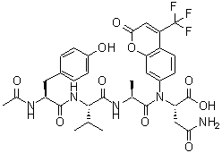 structure of CAS# 219137-85-6, N-Acetyl-L-Tyrosyl-L-Valyl-L-Alanyl-N-[2-Oxo-4-(Trifluoromethyl)-2H-Chromen-7-Yl]-L-alpha-Asparagine;Ac-YVAD-AFC;N-Acetyl-Tyr-Val-Ala-Asp-(7-amino-4-trifluoromethylcoumarin)
