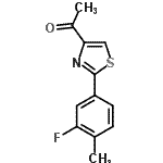 structure of CAS# 228581-94-0, 1-[2-(3-Fluoro-4-Methylphenyl)-1,3-Thiazol-4-Yl]Ethanone;4-acetyl-2-(3-fluoro-4-methylphenyl)-1,3-thiazole;4-Acetyl-2-(3-fluoro-4-methylphenyl)thiazole;4-Acetyl-2-(3-fluoro-4-methylphenyl)thiazole 97%