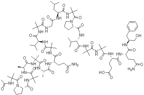 structure of CAS# 27061-78-5, Alamethicin;(3S,12R)-1-((S)-1-((6S,12S,15S,21S,30S)-1-((R)-1-(2-Acetamido-2-Methylpropanoyl)Pyrrolidin-2-Yl)-15-(3-Amino-3-Oxopropyl)-30-Isobutyl-21-Isopropyl-3,3,6,9,9,2,18,18,24,24,33,33-Dodecamethyl-1,4,7,10,13,16,19,22,25,28,31-Undecaoxo-2,5,8,11,1;Almethicin, Antibiotic U-22324, 6-(2-Methylalanine)-8-L-Leucine-9-De-L-Valine-12-(2-Methylalanine)-13A-Endo-(2-Methylalanine)-18-L-Glutamine-19-(N(1)-(1-(Hydroxymethyl)-3-Methylbutyl)-L-Glutamamide)-];Ac-2-Meala-L-Pro-2-Meala-L-Ala-2-Meala-L-Ala-L-Glu(NH2)-2-Meala-L-Val-2-Meala-Gly-L-Leu-2-Meala-L-Pro-L-Val-2-Meala-2-Meala-L-Glu-L-Glu(NH2)-Phenylalaninol