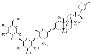 structure of CAS# 33279-57-1, Strophanthidin 3-diglucosylcymarose;(3S,5S,8R,9S,10S,13R,14S,17R)-3-[(2R,4S,5R,6R)-5-[(2S,3R,4R,5S,6R)-3,4-Dihydroxy-6-(Hydroxymethyl)-5-[(2S,3R,4S,5S,6R)-3,4,5-Trihydroxy-6-(Hydroxymethyl)Tetrahydropyran-2-Yl]Oxy-Tetrahydropyran-2-Yl]Oxy-4-Methoxy-6-Methyl-Tetrahydropyran-2-Yl]Oxy-5,14-Dihydroxy-13-Methyl-17-(5-Oxo-2H-Furan-3-Yl)-2,3,4,6,7,8,9,11,12,15,16,17-Dodecahydro-1H-Cyclopenta[A]Phenanthrene-10-Carbaldehyde;(3S,5S,8R,9S,10S,13R,14S,17R)-3-[[(2R,4S,5R,6R)-5-[[(2S,3R,4R,5S,6R)-3,4-Dihydroxy-6-(Hydroxymethyl)-5-[[(2S,3R,4S,5S,6R)-3,4,5-Trihydroxy-6-(Hydroxymethyl)-2-Tetrahydropyranyl]Oxy]-2-Tetrahydropyranyl]Oxy]-4-Methoxy-6-Methyl-2-Tetrahydropyranyl]Oxy]-5,14-Dihydroxy-13-Methyl-17-(5-Oxo-2H-Furan-3-Yl)-2,3,4,6,7,8,9,11,12,15,16,17-Dodecahydro-1H-Cyclopenta[A]Phenanthrene-10-Carboxaldehyde;(3S,5S,8R,9S,10S,13R,14S,17R)-3-[(2R,4S,5R,6R)-5-[(2S,3R,4R,5S,6R)-3,4-Dihydroxy-6-Methylol-5-[(2S,3R,4S,5S,6R)-3,4,5-Trihydroxy-6-Methylol-Tetrahydropyran-2-Yl]Oxy-Tetrahydropyran-2-Yl]Oxy-4-Methoxy-6-Methyl-Tetrahydropyran-2-Yl]Oxy-5,14-Dihydroxy-17-(5-Keto-2H-Furan-3-Yl)-13-Methyl-2,3,4,6,7,8,9,11,12,15,16,17-Dodecahydro-1H-Cyclopenta[A]Phenanthrene-10-Carbaldehyde