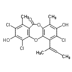 structure of CAS# 33403-37-1, 6-(2-Buten-2-Yl)-2,4,7-Trichloro-3,8-Dihydroxy-1,9-Dimethyl-11H-Dibenzo[b,e][1,4]Dioxepin-11-One