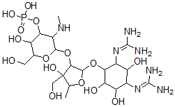 CAS 登录号：33419-36-2， [2-[2-[2,4-二(二氨基亚甲基氨基)-3,5,6-三羟基环己基]氧基-4-羟基-4-(羟基甲基)-5-甲基四氢呋喃-3-基]氧基-5-羟基-6-(羟基甲基)-3-甲基氨基四氢吡喃-4-基]磷酸二氢酯
