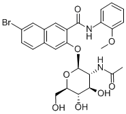 structure of CAS# 3395-37-7, Naphthol AS-BI N-Acetyl-beta-D-Glucosaminide;2-Naphthalenecarboxamide, 3-[[2-(Acetylamino)-2-Deoxy-Β-D-Glucopyranosyl]Oxy]-7-Bromo-N-(2-Methoxyphenyl)-;Naphthol  AS-BI  2-Acetamido-2-Deoxy-Β-D-Glucopyranoside,  2-Naphthalenecarboxamide;3-[[2-(Acetylamino)-2-Deoxy-Β-D-Glucopyranosyl]Oxy]-7-Bromo-N-(2-Methoxyphenyl)