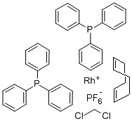 structure of CAS# 35238-97-2, (1,5-Cyclooctadiene)Bis(Triphenylphosphine)Rhodium(I) Hexafluorophosphate Dichloromethane Complex (1:1);(1,5-CYCLOOCTADIENE)BIS(TRIPHENYLPHOSPHINE)RHODIUM(I) HEXAFLUOROPHOSPHATE DICHLOROMETHANE COMPLEX (1:1);(1,5-Cyclooctadiene)Bis(Triphenylphosphine)Rhodium(I) Hexafluorophosphate Dichloromethane Complex (1:1);(1,5-CYCLOOCTADIENE)BIS(TRIPHENYLPHOS-PH INE)RHODIUM(I) PF6 CH2CL2 (1:1)