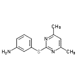 structure of CAS# 387358-42-1, 3-[(4,6-Dimethyl-2-Pyrimidinyl)Sulfanyl]Aniline;2-[(3-Ami<wbr>nophenyl)<wbr>sulphanyl<wbr>]-4,6-dim<wbr>ethylpyri<wbr>midine, 3<wbr>-Aminophe<wbr>nyl 4,6-d<wbr>imethylpy<wbr>rimidin-2<wbr>-yl sulph<wbr>ide;2-[(3-Aminophenyl)thio]-4,6-dimethylpyrimidine;3-((4,6-dimethylpyrimidin-2-yl)thio)aniline