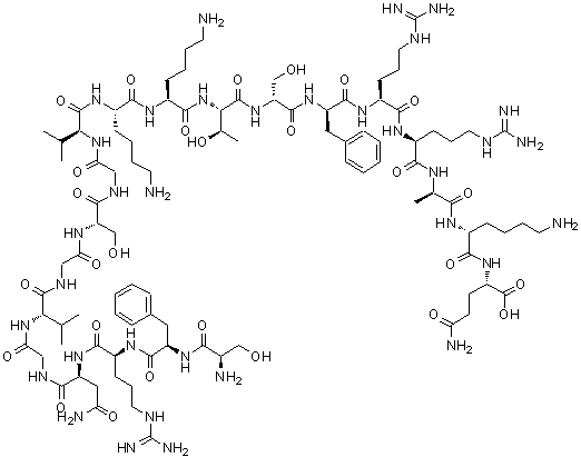 结构式 CAS# 412938-75-1, D-丝氨酰-D-苯丙氨酰-L-精氨酰-L-天冬氨酰胺酰甘氨酰-L-缬氨酰甘氨酰-L-丝氨酰甘氨酰-L-缬氨酰-L-赖氨酰-L-赖氨酰-L-苏氨酰-D-丝氨酰-D-苯丙氨酰-L-精氨酰-L-精氨酰-D-丙氨酰-D-赖氨酰-L-谷氨酰胺