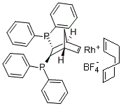 结构式 CAS# 521272-85-5, (2R,3R)-(-)-2,3-二(二苯基膦基)双环[2.2.1]庚-5-烯(1,5-环辛二烯)铑(I)四氟硼酸盐