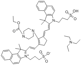 CAS#: 54849-69-3， 2-(2-(3-((1,3-Dihydro-1,1-dimethyl-3-(3-sulfopropyl)-2H-benz(e)indol-2-ylidene)ethylidene)-2-(4-(ethoxycarbonyl)-1-piperazinyl)-1-cyclopenten-1-yl)ethenyl)-1,1-dimethyl-3-(3-sulfopropyl)-1H-Benz(e)indolium inner salt N,N-diethylethanamine (1:1)