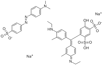 structure of CAS# 62758-15-0, 4-((4-(Ethylamino)-3-methylphenyl)(4-(ethylimino)-3-methyl-2,5-cyclohexadien-1-ylidene)methyl)-1,3-Benzenedisulfonic acid monosodium salt, compd. with sodium 4-((4-(dimethylamino)phenyl)azo)benzenesulfonate (1:1);Disodium;4-(4-Dimethylaminophenyl)Azobenzenesulfonate;4-[(E)-(4-Ethylamino-3-Methyl-Phenyl)-(4-Ethylimino-3-Methyl-1-Cyclohexa-2,5-Dienylidene)Methyl]-3-Sulfo-Benzenesulfonate;Disodium;4-(4-Dimethylaminophenyl)Azobenzenesulfonate;4-[(E)-(4-Ethylamino-3-Methylphenyl)-(4-Ethylimino-3-Methyl-1-Cyclohexa-2,5-Dienylidene)Methyl]-3-Sulfobenzenesulfonate;Disodium;4-(4-Dimethylaminophenyl)Diazenylbenzenesulfonate;4-[(E)-(4-Ethylamino-3-Methyl-Phenyl)-(4-Ethylimino-3-Methyl-1-Cyclohexa-2,5-Dienylidene)Methyl]-3-Sulfo-Benzenesulfonate