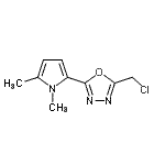 structure of CAS# 696604-68-9, 2-(Chloromethyl)-5-(1,5-dimethyl-1H-pyrrol-2-yl)-1,3,4-oxadiazole;1,3,4-oxa<wbr>diazole, <wbr>2-(chloro<wbr>methyl)-5<wbr>-(1,5-dim<wbr>ethyl-1H-<wbr>pyrrol-2-<wbr>yl);2-(chloro<wbr>methyl)-5<wbr>-(1,5-dim<wbr>ethyl-1H-<wbr>pyrrol-2-<wbr>yl)-1,3,4<wbr>-oxadiazo<wbr>le;5-(1,5-di<wbr>methylpyr<wbr>rol-2-yl)<wbr>-2-(chlor<wbr>omethyl)-<wbr>1,3,4-oxa<wbr>diazole