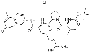 structure of CAS# 70375-24-5, N-[(1,1-Dimethylethoxy)Carbonyl]-L-Valyl-L-Prolyl-N-(4-Methyl-2-Oxo-2H-1-Benzopyran-7-Yl)-L-Argininamide Monohydrochloride;N-Tert-Butoxycarbonyl-L-Valyl-L-Prolyl-L-Arginine 7-Amido-4-Methylcoumarin;N-T-Boc-Val-Pro-Arg 7-Amino-4-Methylcoumarin Hydrochloride;N-T-BOC-VAL-PRO-ARG 7-AMIDO-4-METHYLCOUMARIN HYDROCHLORIDE