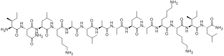 structure of CAS# 72093-21-1, Mast Cell Degranulatingpeptide (Vespula Lewisii);(2S)-N-[(1S)-1-[[(1S)-5-Amino-1-[[(1S)-2-[[(1S)-1-[[(1S)-2-[[(1S)-2-[[(1S)-1-[[(1S)-2-[[(1S)-5-Amino-1-[[(1S)-5-Amino-1-[[(1S)-1-[[(1S)-1-Carbamoyl-3-Methyl-Butyl]Carbamoyl]-2-Methyl-Butyl]Carbamoyl]Pentyl]Carbamoyl]Pentyl]Amino]-2-Keto-1-Methyl-Ethyl]Carbamoyl]-3-Methyl-Butyl]Amino]-2-Keto-1-Methyl-Ethyl]Amino]-2-Keto-1-Methyl-Ethyl]Carbamoyl]-3-Methyl-Butyl]Amino]-2-Keto-1-Methyl-Ethyl]Carbamoyl]Pentyl]Carbamoyl]-3-Methyl-Butyl]-2-[[(2S,3S)-2-Amino-3-Methyl-Pentanoyl]Amino]Succinamide;Mastoparan;Nsc 351907