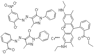 CAS#: 73297-20-8， Chromium(3+) (3E)-9-[2-(ethoxycarbonyl)phenyl]-N-ethyl-6-(ethylamino)-2,7-dimethyl-3H-xanthen-3-iminium 3-methyl-4-[(E)-(5-nitro-2-oxidophenyl)diazenyl]-1-phenyl-1H-pyrazol-5-olate 2-[(3-methyl-5-oxido-1-phenyl-1H-pyrazol-4-yl)diazenyl]benzoate (1:1:1:1)