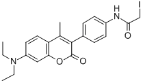 structure of CAS# 76877-34-4, N-[4-(7-Diethylamino-4-Methyl-2-Oxochromen-3-Yl)Phenyl]-2-Iodoacetamide;N-[4-(7-Diethylamino-4-Methyl-2-Oxo-Chromen-3-Yl)Phenyl]-2-Iodo-Acetamide;N-[4-(7-Diethylamino-4-Methyl-2-Oxo-3-Chromenyl)Phenyl]-2-Iodoacetamide;N-[4-(7-Diethylamino-2-Keto-4-Methyl-Chromen-3-Yl)Phenyl]-2-Iodo-Acetamide