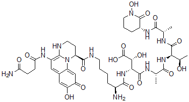 CAS 登录号：76975-04-7， (2R,3R)-3-[[(2S)-2-氨基-6-[[(1S)-5-[(4-氨基-4-氧代丁酰基)氨基]-8-羟基-9-氧代1,2,3,4-四氢嘧啶并[3,2-a]喹啉-1-羰基]氨基]己酰]氨基]-2-羟基-4-[[(2S)-1-[[(2R,3R)-3-羟基-1-[[(2S)-1-[[(3R)-1-羟基-2-氧代哌啶-3-基]氨基]-1-氧代丙烷-2-基]氨基]-1-氧代丁烷-2-基]氨基]-1-氧代丙烷-2-基]氨基]-4-氧代丁酸