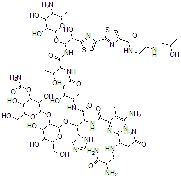CAS 登录号：77368-70-8， [2-[2-[2-[[6-氨基-2-[3-氨基-1-[(2,3-二氨基-3-氧代丙基)氨基]-3-氧代丙基]-5-甲基嘧啶-4-羰基]氨基]-3-[[5-[[1-[[1-(5-氨基-3,4-二羟基-6-甲基四氢吡喃-2-基)氧基-2-羟基-2-[4-[4-[2-(2-羟基丙基氨基)乙基氨基甲酰]-1,3-噻唑-2-基]-1,3-噻唑-2-基]乙基]氨基]-3-羟基-1-氧代丁烷-2-基]氨基]-3-羟基-5-氧代戊烷-2-基]氨基]-1-(3H-咪唑-4-基)-3-氧代丙氧基]-4,5-二羟基-6-(羟基甲基)四氢吡喃-3-基]氧基-3,5-二羟基-6-(羟基甲基)四氢吡喃-4-基]氨基甲酸酯