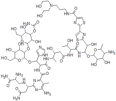 CAS#: 77368-79-7， [2-[2-[2-[[6-Amino-2-[3-Amino-1-[(2,3-Diamino-3-Oxopropyl)Amino]-3-Oxopropyl]-5-Methylpyrimidine-4-Carbonyl]Amino]-3-[[5-[[1-[[1-(5-Amino-3,4-Dihydroxy-6-Methyloxan-2-Yl)Oxy-2-[4-[4-[3-(Bis(2-Hydroxyethyl)Amino)Propylcarbamoyl]-1,3-Thiazol-2-Yl]-1,3-Thiazol-2-Yl]-2-Hydroxyethyl]Amino]-3-Hydroxy-1-Oxobutan-2-Yl]Amino]-3-Hydroxy-5-Oxopentan-2-Yl]Amino]-1-(3H-Imidazol-4-Yl)-3-Oxopropoxy]-4,5-Dihydroxy-6-(Hydroxymethyl)Oxan-3-Yl]Oxy-3,5-Dihydroxy-6-(Hydroxymethyl)Oxan-4-Yl] Carbamate