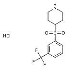 structure of CAS# 849035-98-9, 4-{[3-(Trifluoromethyl)phenyl]sulfonyl}piperidine hydrochloride (1:1);4-((3-(tr<wbr>ifluorome<wbr>thyl)phen<wbr>yl)sulfon<wbr>yl)piperi<wbr>dine hydr<wbr>ochloride;4-{[3-(Trifluoromethyl)phenyl]sulfonyl}piperidine;4-{[3-(Tr<wbr>ifluorome<wbr>thyl)phen<wbr>yl]sulfon<wbr>yl}piperi<wbr>dine hydr<wbr>ochloride