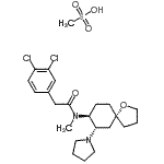 structure of CAS# 87173-97-5, 2-(3,4-Dichlorophenyl)-N-methyl-N-[(5R,7S,8S)-7-(1-pyrrolidinyl)-1-oxaspiro[4.5]dec-8-yl]acetamide methanesulfonate (1:1);(±)-2-(3,<wbr>4-Dichlor<wbr>ophenyl)-<wbr>N-methyl-<wbr>N-((5R*,7<wbr>S*,8S*)-7<wbr>-(1-pyrro<wbr>lidinyl)-<wbr>1-oxaspir<wbr>o(4.5)dec<wbr>-8-yl)ace<wbr>tamide mo<wbr>nomethane<wbr>sulfonate;Benzeneac<wbr>etamide, <wbr>3,4-dichl<wbr>oro-N-met<wbr>hyl-N-(7-<wbr>(1-pyrrol<wbr>idinyl)-1<wbr>-oxaspiro<wbr>(4.5)dec-<wbr>8-yl)-, (<wbr>5α,7α,8β)<wbr>-(±)-, mo<wbr>nomethane<wbr>sulfonate;Spiradoline mesylate