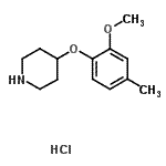 structure of CAS# 883543-21-3, 4-(2-Methoxy-4-methylphenoxy)piperidine hydrochloride (1:1);2-methoxy-4-methyl-1-(4-piperidyloxy)benzene, chloride;2-methoxy-4-methylphenyl 4-piperidinyl ether hydrochloride;2-Methoxy-4-methylphenyl 4-piperidinyl etherhydrochloride