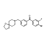 structure of CAS# 898761-93-8, (4-Bromo-3-fluorophenyl)[3-(1,4-dioxa-8-azaspiro[4.5]dec-8-ylmethyl)phenyl]methanone;4'-bromo-<wbr>3-[8-(1,4<wbr>-dioxa-8-<wbr>azaspiro[<wbr>4.5]decyl<wbr>)methyl]-<wbr>3'-fluoro<wbr>benzophen<wbr>one