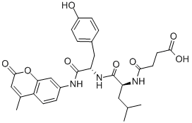 structure of CAS# 94367-20-1, N-(3-Carboxy-1-Oxopropyl)-L-Leucyl-N-(4-Methyl-2-Oxo-2H-1-Benzopyran-7-Yl)-L-Tyrosinamide;4-[[(1S)-1-[[1-[(4-Hydroxyphenyl)Methyl]-2-[(4-Methyl-2-Oxo-Chromen-7-Yl)Amino]-2-Oxo-Ethyl]Carbamoyl]-2-Methyl-Butyl]Amino]-4-Oxo-Butanoic Acid;4-[[(1S)-1-[[[1-[(4-Hydroxyphenyl)Methyl]-2-[(4-Methyl-2-Oxo-7-Chromenyl)Amino]-2-Oxoethyl]Amino]-Oxomethyl]-2-Methylbutyl]Amino]-4-Oxobutanoic Acid;4-[[(1S)-1-[[1-(4-Hydroxybenzyl)-2-Keto-2-[(2-Keto-4-Methyl-Chromen-7-Yl)Amino]Ethyl]Carbamoyl]-2-Methyl-Butyl]Amino]-4-Keto-Butyric Acid