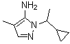 structure of CAS# 957514-22-6, 1-(1-Cyclopropylethyl)-4-methyl-1H-pyrazol-5-amine;1-(1-cyclopropylethyl)-4-methyl-1H-pyrazol-5-amine;1-(cyclopropylethyl)-4-methylpyrazole-5-ylamine;2-(1-Cyclopropyl-ethyl)-4-methyl-2H-pyrazol-3-ylamine