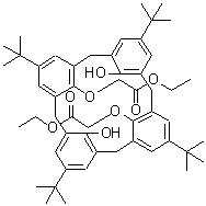 结构式 CAS# 97600-49-2, 2,2'-{[26,28-二羟基-5,11,17,23-四(2-甲基-2-丙基)五环[19.3.1.1<sup>3,7</sup>.1<sup>9,13</sup>.1<sup>15,19</sup>]二十八碳-1(25),3(28),4,6,9(27),10,12,15(26),16,18,21,23-十二烯-25,27-二基]二(氧基)}二乙酸二乙酯