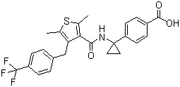 structure of CAS# 1006036-87-8, MK-2894;4-[1-[[[2,5-Dimethyl-4-[[4-(trifluoromethyl)phenyl]methyl]-3-thienyl]carbonyl]amino]cyclopropyl]benzoic acid
