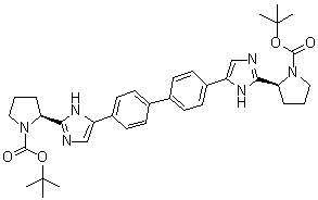 structure of CAS# 1007882-23-6, (2S,2'S)-2,2'-([1,1'-Biphenyl]-4,4'-diyldi-1H-imidazole-5,2-diyl)bis-1-pyrrolidinecarboxylic acid 1,1'-bis(1,1-dimethylethyl) ester