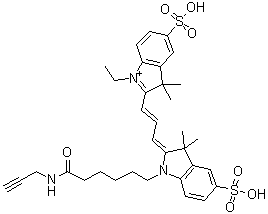 结构式 CAS# 1010386-62-5, 2-[3-[1,3-二氢-3,3-二甲基-1-[6-氧代-6-(2-丙炔-1-基氨基)己基]-5-磺基-2H-吲哚-2-亚基]-1-丙烯-1-基]-1-乙基-3,3-二甲基-5-磺基-3H-吲哚鎓