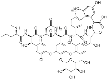 structure of CAS# 101485-50-1, Desvancosaminyl vancomycin;(1S,2R,18R,19R,22S,25R,28R,40S)-22-(2-amino-2-oxoethyl)-5,15-dichloro-2,18,32,35,37-pentahydroxy-19-[[(2R)-4-methyl-2-(methylamino)pentanoyl]amino]-20,23,26,42,44-pentaoxo-48-[(2S,3R,4S,5S,6R)-3,4,5-trihydroxy-6-(hydroxymethyl)oxan-2-yl]oxy-7,13-dioxa-21,24,27,41,43-pentazaoctacyclo[26.14.2.23,6.214,17.18,12.129,33.010,25.034,39]pentaconta-3,5,8(48),9,11,14,16,29(45),30,32,34(39),35,37,46,49-pentadecaene-40-carboxylic acid