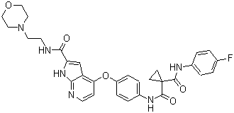 structure of CAS# 1021950-26-4, Tyrosine kinase inhibitor;N-(4-Fluorophenyl)-N'-[4-[[2-[[[2-(4-morpholinyl)ethyl]amino]carbonyl]-1H-pyrrolo[2,3-b]pyridin-4-yl]oxy]phenyl]-1,1-cyclopropanedicarboxamide