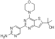 structure of CAS# 1033735-94-2, 2-(2-Amino-5-pyrimidinyl)-alpha,alpha-dimethyl-4-(4-morpholinyl)thieno[3,2-d]pyrimidine-6-methanol;GNE 493