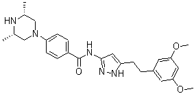 结构式 CAS# 1035270-39-3, rel-N-[5-[2-(3,5-二甲氧基苯基)乙基]-1H-吡唑-3-基]-4-[(3R,5S)-3,5-二甲基-1-哌嗪基]苯甲酰胺