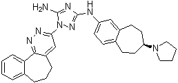 structure of CAS# 1037624-75-1, 1-(6,7-Dihydro-5H-benzo[6,7]cyclohepta[1,2-c]pyridazin-3-yl)-N3-[(7S)-6,7,8,9-tetrahydro-7-(1-pyrrolidinyl)-5H-benzocyclohepten-2-yl]-1H-1,2,4-triazole-3,5-diamine;R 428